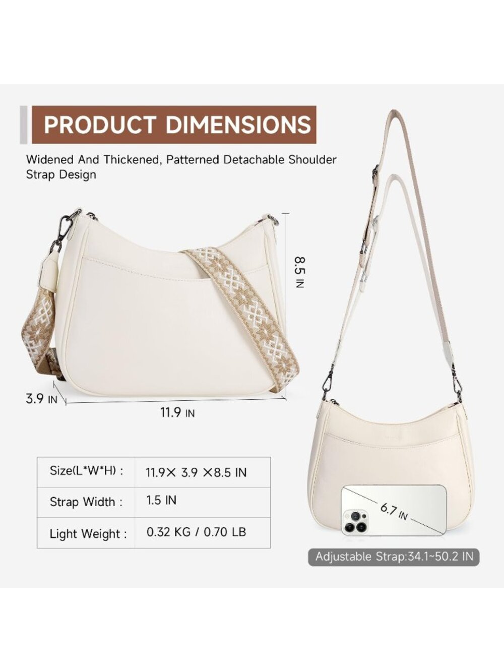 👜Women's White Leather Crossbody Purse Shoulder Bag Wide Strap Travel - Picture 6 of 6
